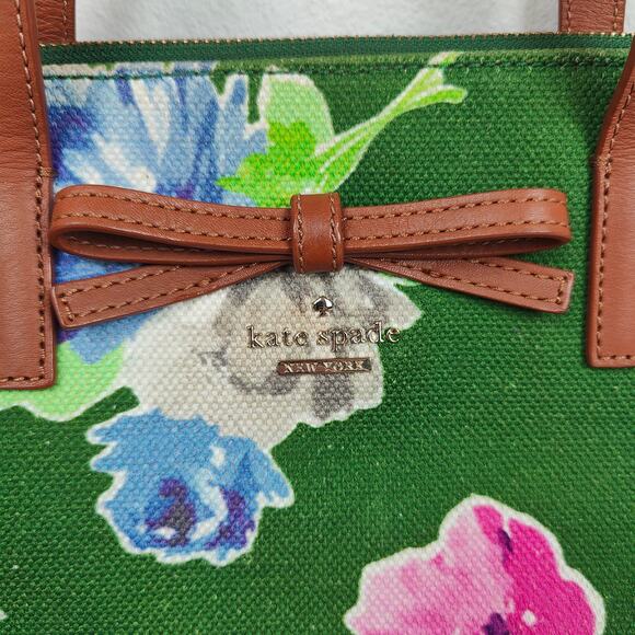 Kate Spade Floral‎ Canvas Bag Green Top Handle Shoulder Strap Satchel Preppy Bow - Picture 2 of 9